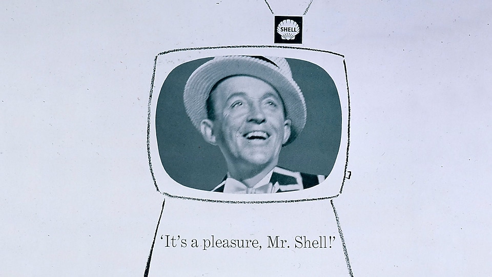 Shell TV advert showing sketched TV and image of Bing Crosby and It's a pleasure Mr. Shell text